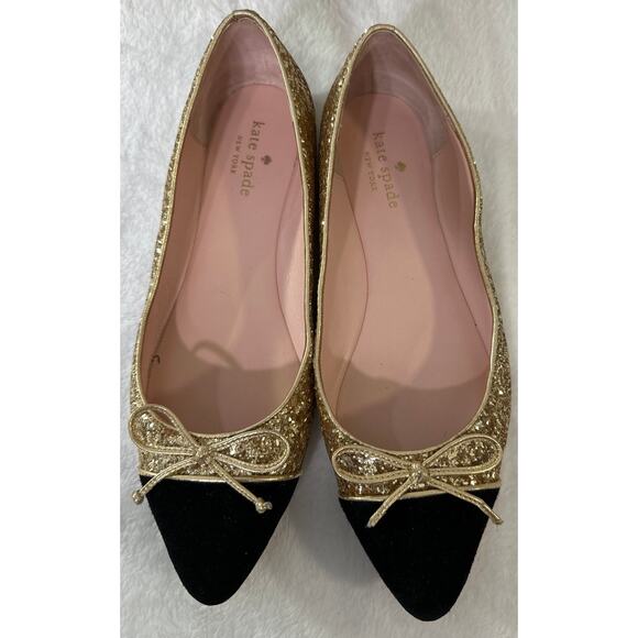 Kate Spade Point Toe Sparkle Gold & Black Sequin Ballet Flat With Bow Size 9M - Picture 5 of 7